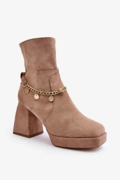 Outlet Boto Damskie Botki Na Słupku Z Łańcuszkiem Beżowe Tiselo