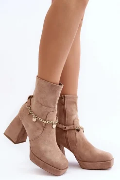 Outlet Boto Damskie Botki Na Słupku Z Łańcuszkiem Beżowe Tiselo