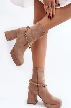 Outlet Boto Damskie Botki Na Słupku Z Łańcuszkiem Beżowe Tiselo