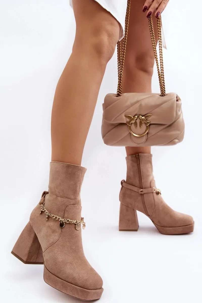 Outlet Boto Damskie Botki Na Słupku Z Łańcuszkiem Beżowe Tiselo