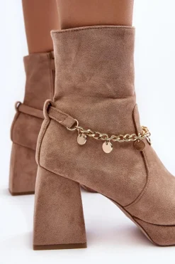 Outlet Boto Damskie Botki Na Słupku Z Łańcuszkiem Beżowe Tiselo