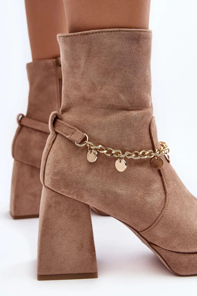 Outlet Boto Damskie Botki Na Słupku Z Łańcuszkiem Beżowe Tiselo