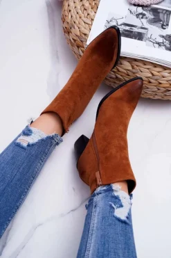 Damskie Botki Na Słupku Zamszowe Camel Niki Damskie Botki Wiosenne|Botki Na Słupku