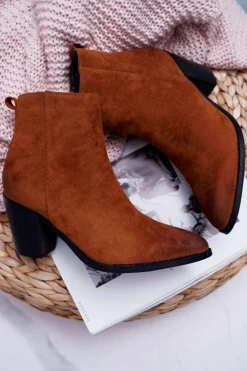 Damskie Botki Na Słupku Zamszowe Camel Niki Damskie Botki Wiosenne|Botki Na Słupku