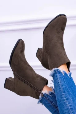 Sale Damskie Botki Na Słupku Zamsz Khaki Ferimate Damskie Botki Na Słupku|Brązowe I Beżowe Botki