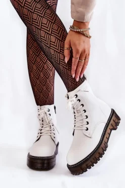 Outlet Damskie Botki Na Suwak Big Star KK274536 Białe Damskie Damskie Trapery|Botki Sznurowane