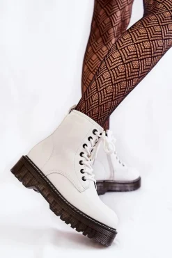 Outlet Damskie Botki Na Suwak Big Star KK274536 Białe Damskie Damskie Trapery|Botki Sznurowane