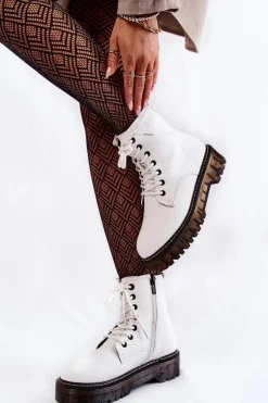 Outlet Damskie Botki Na Suwak Big Star KK274536 Białe Damskie Damskie Trapery|Botki Sznurowane