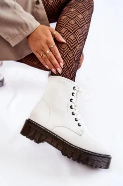 Outlet Damskie Botki Na Suwak Big Star KK274536 Białe Damskie Damskie Trapery|Botki Sznurowane