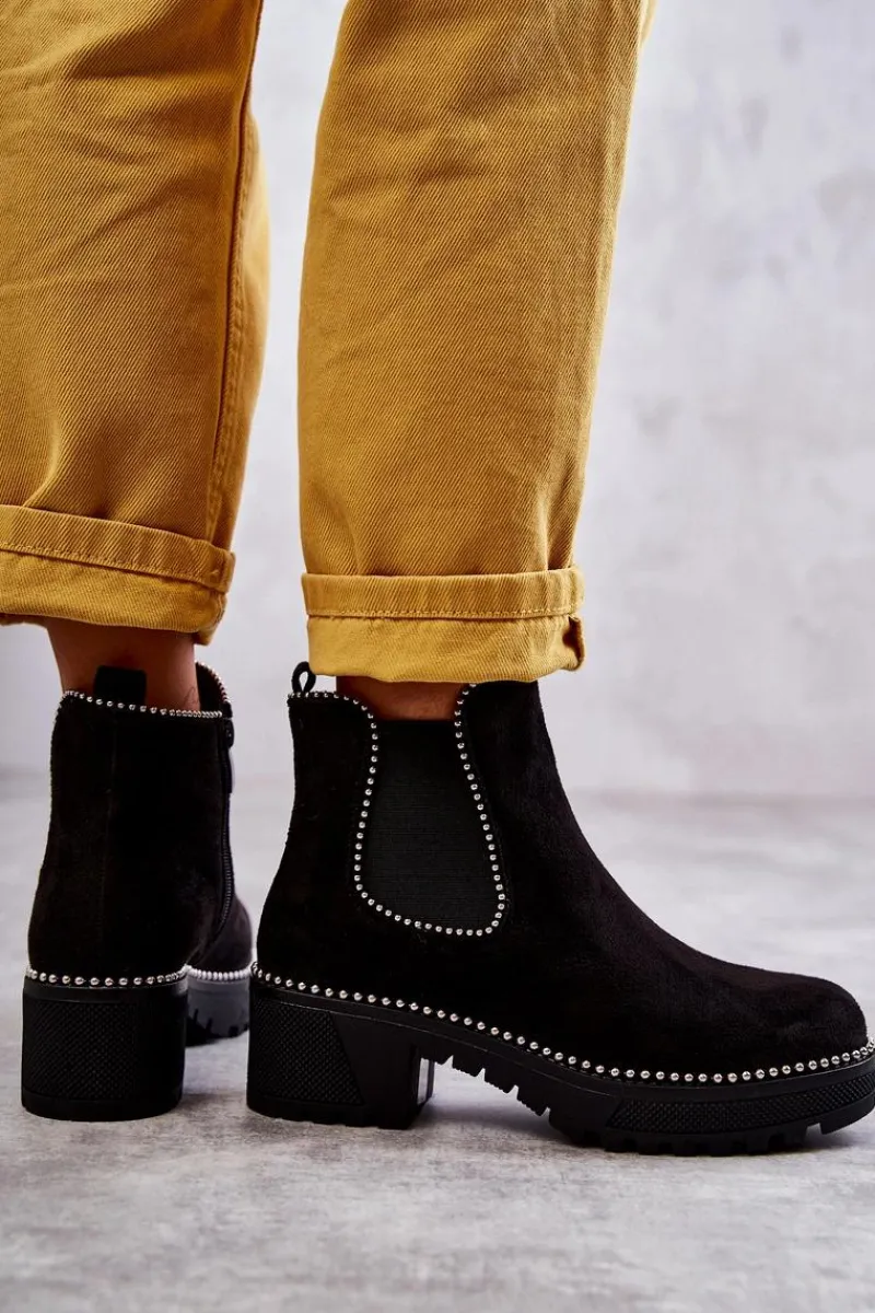 Best Damskie Botki Na Suwak Z Ćwiekami Czarne Afaries Damskie Czarne Botki|Botki Zimowe Damskie