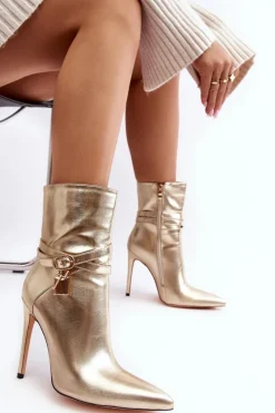 Hot Damskie Botki Na Szpilce Z Paskami Złote Casulle Damskie Botki Na Obcasie