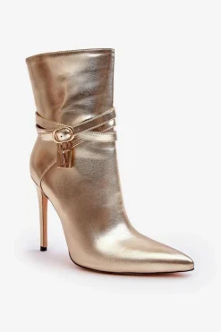Hot Damskie Botki Na Szpilce Z Paskami Złote Casulle Damskie Botki Na Obcasie