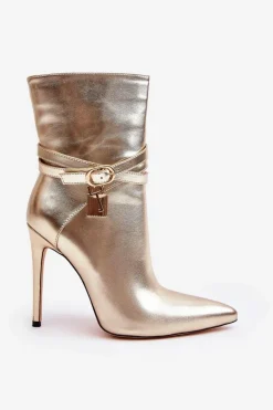 Hot Damskie Botki Na Szpilce Z Paskami Złote Casulle Damskie Botki Na Obcasie