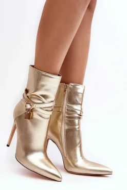 Hot Damskie Botki Na Szpilce Z Paskami Złote Casulle Damskie Botki Na Obcasie