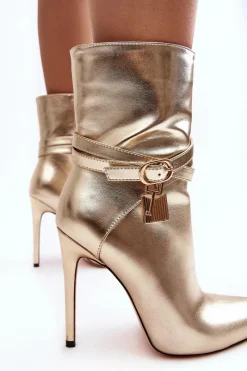 Hot Damskie Botki Na Szpilce Z Paskami Złote Casulle Damskie Botki Na Obcasie