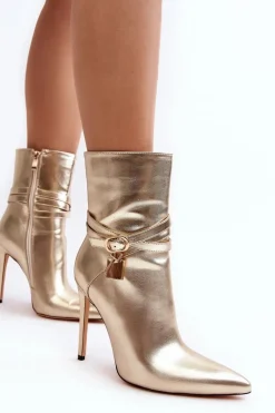 Hot Damskie Botki Na Szpilce Z Paskami Złote Casulle Damskie Botki Na Obcasie