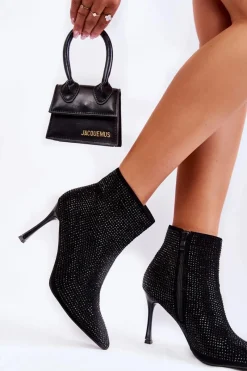 Czarne Botki|Botki Na Obcasie>Boto Damskie Botki Na Szpilce Z Dżetami Czarne Irma
