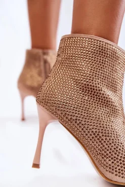 Boto Damskie Botki Na Szpilce Z Dżetami Ciemnobeżowe Irma