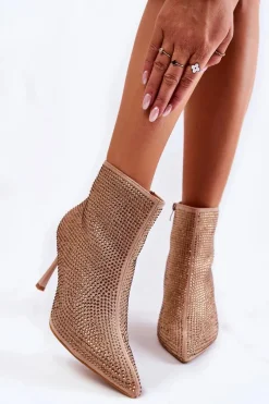 Boto Damskie Botki Na Szpilce Z Dżetami Ciemnobeżowe Irma