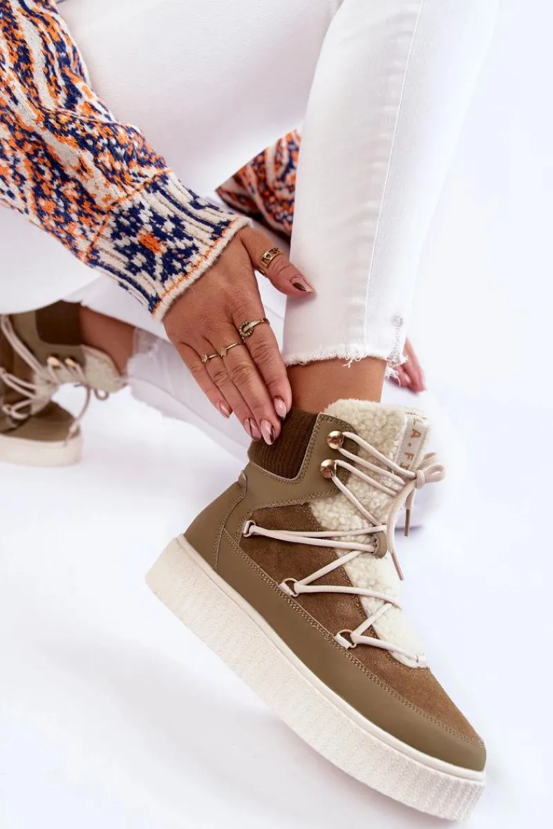 Best Damskie Botki Śniegowce La.Fi 280072KH-QN Brązowo-Zielone Damskie Śniegowce Damskie