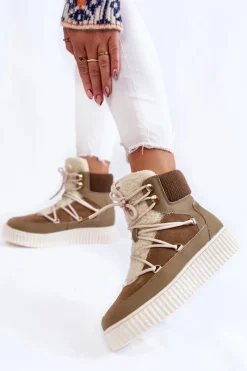 Best Damskie Botki Śniegowce La.Fi 280072KH-QN Brązowo-Zielone Damskie Śniegowce Damskie