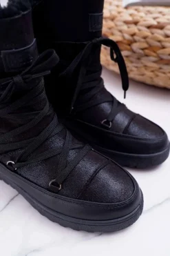 Best Damskie Botki Śniegowce Ocieplane Futerkiem Czarne Fereni Damskie Śniegowce Damskie