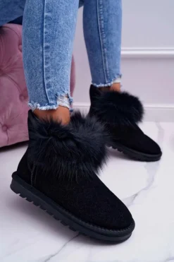 Śniegowce Damskie>Boto Damskie Botki Śniegowce Ocieplane Futerkiem Skóra Zamsz Czarne Memento