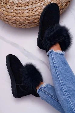 Śniegowce Damskie>Boto Damskie Botki Śniegowce Ocieplane Futerkiem Skóra Zamsz Czarne Memento