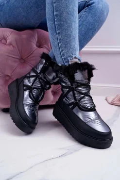 Śniegowce Damskie>Boto Damskie Botki Śniegowce Ocieplane Futerkiem Srebrne Calma