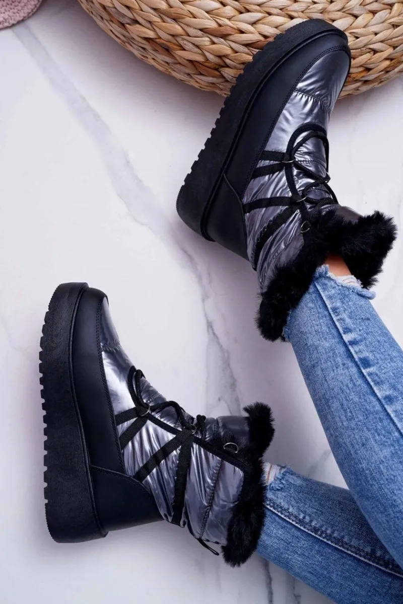 Śniegowce Damskie>Boto Damskie Botki Śniegowce Ocieplane Futerkiem Srebrne Calma