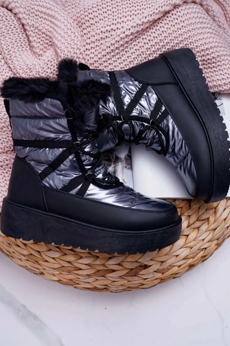 Śniegowce Damskie>Boto Damskie Botki Śniegowce Ocieplane Futerkiem Srebrne Calma