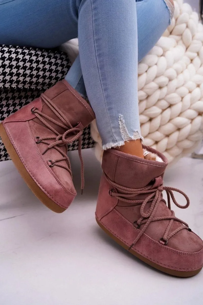 Śniegowce Damskie>Boto Damskie Botki Śniegowce Ocieplane Futerkiem Różowe Veme