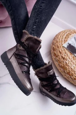 Śniegowce Damskie>Buty damskie Vinceza Damskie Botki Śniegowce Ocieplane Futerkiem Ciemnoszare Fereni