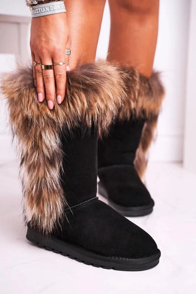 Śniegowce Damskie>Boto Damskie Botki Śniegowce Ocieplane Futerkiem Skóra Zamsz Czarne Balvin Czarny