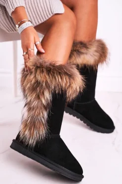 Śniegowce Damskie>Boto Damskie Botki Śniegowce Ocieplane Futerkiem Skóra Zamsz Czarne Balvin Czarny