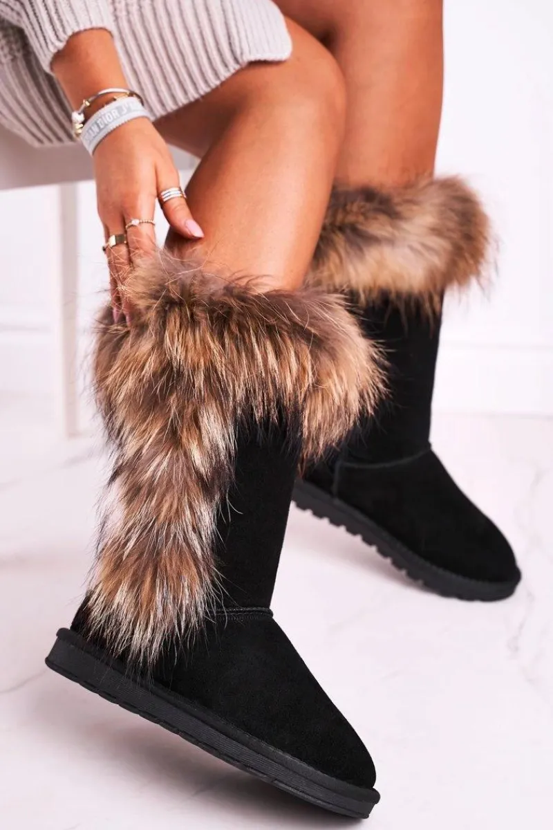 Śniegowce Damskie>Boto Damskie Botki Śniegowce Ocieplane Futerkiem Skóra Zamsz Czarne Balvin Czarny