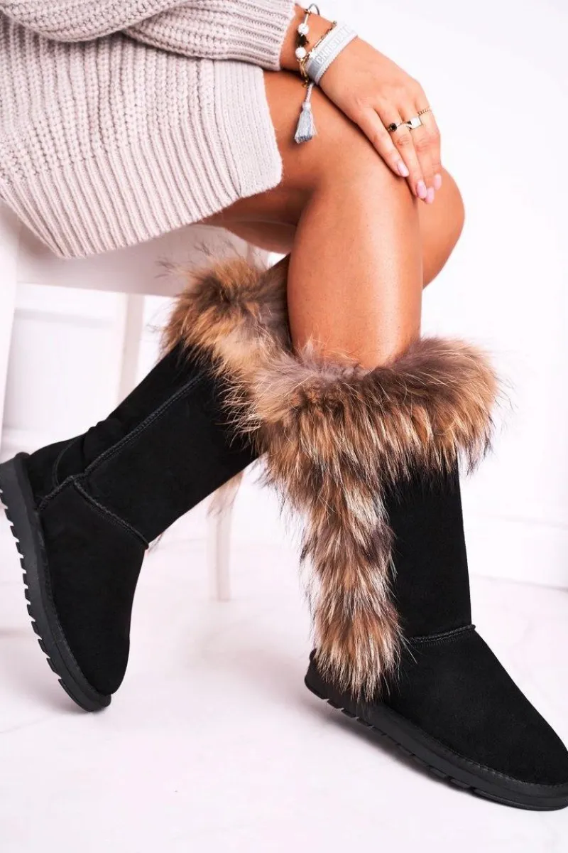 Śniegowce Damskie>Boto Damskie Botki Śniegowce Ocieplane Futerkiem Skóra Zamsz Czarne Balvin Czarny