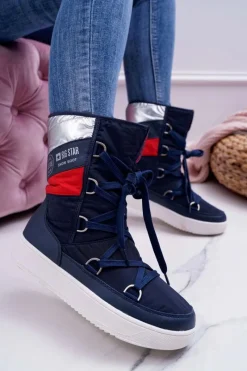 Hot Damskie Botki Śniegowce Ocieplane Futerkiem Big Star Granatowe EE274657 Damskie Śniegowce Damskie