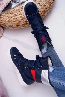 Hot Damskie Botki Śniegowce Ocieplane Futerkiem Big Star Granatowe EE274657 Damskie Śniegowce Damskie