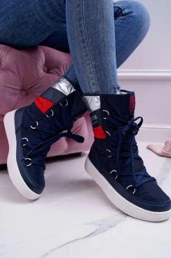 Hot Damskie Botki Śniegowce Ocieplane Futerkiem Big Star Granatowe EE274657 Damskie Śniegowce Damskie