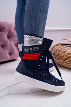 Hot Damskie Botki Śniegowce Ocieplane Futerkiem Big Star Granatowe EE274657 Damskie Śniegowce Damskie