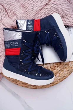 Hot Damskie Botki Śniegowce Ocieplane Futerkiem Big Star Granatowe EE274657 Damskie Śniegowce Damskie