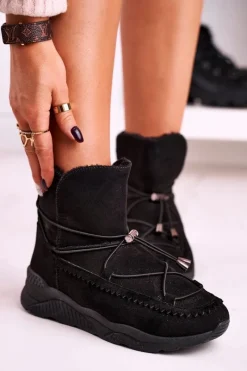 Boto Damskie Botki Śniegowce Sportowe Ocieplane Futerkiem Czarne Synte
