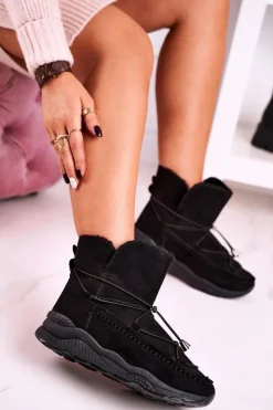 Boto Damskie Botki Śniegowce Sportowe Ocieplane Futerkiem Czarne Synte