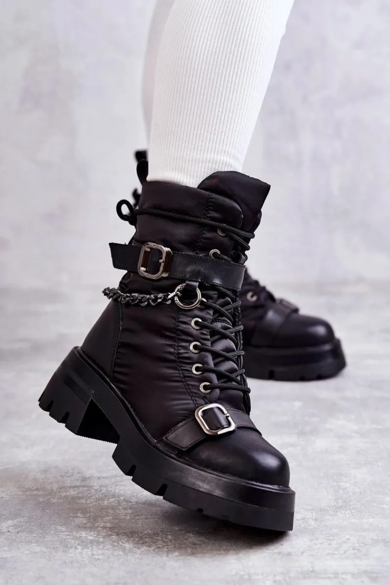 Hot GOE Damskie Botki Śniegowce Z Łańcuchem KK2N4018 Czarne