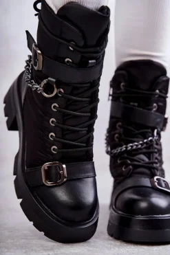 Hot GOE Damskie Botki Śniegowce Z Łańcuchem KK2N4018 Czarne