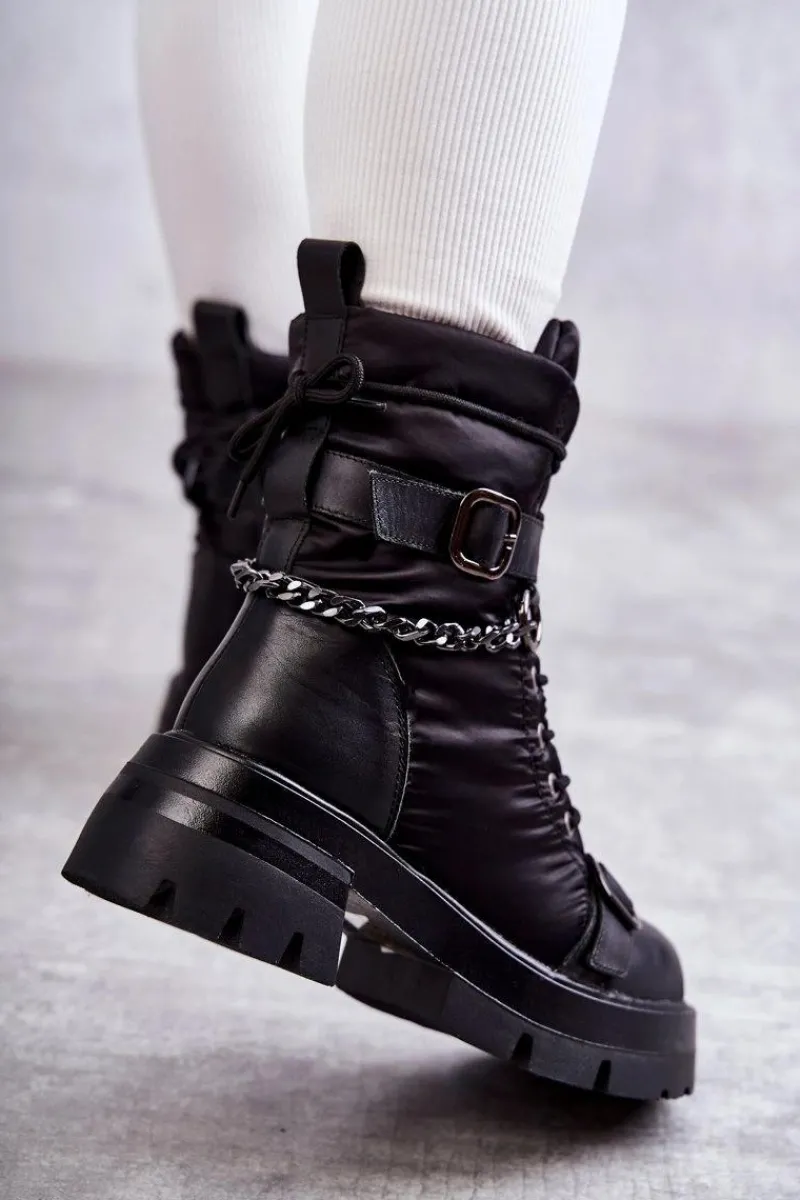 Hot GOE Damskie Botki Śniegowce Z Łańcuchem KK2N4018 Czarne