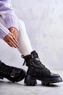 Hot GOE Damskie Botki Śniegowce Z Łańcuchem KK2N4018 Czarne