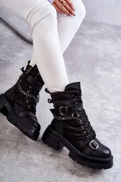 Hot GOE Damskie Botki Śniegowce Z Łańcuchem KK2N4018 Czarne