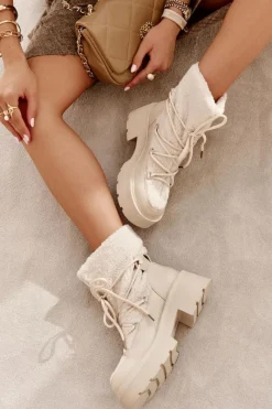 Online Damskie Botki Śniegowce Z Kożuszkiem Beżowe Sanna Damskie Śniegowce Damskie|Damskie Trapery